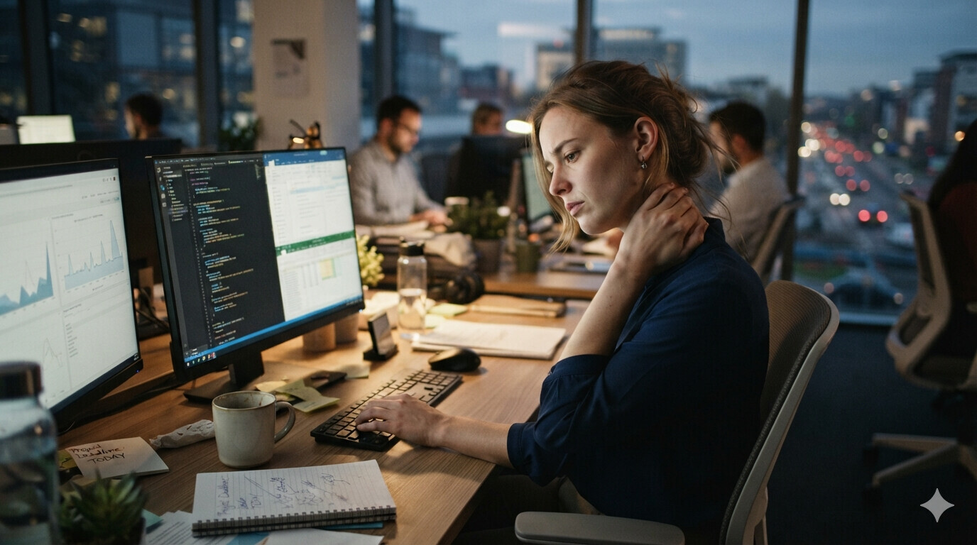 Office worker experiencing neck pain and headache after computer work