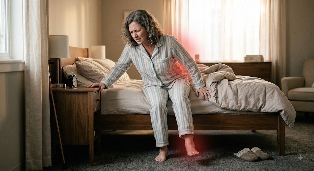 Person experiencing plantar heel pain with first steps in the morning