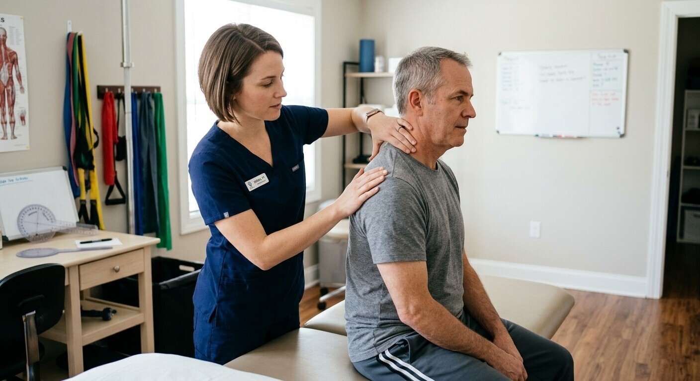 Clinician assessing a patient’s neck and shoulder movement.