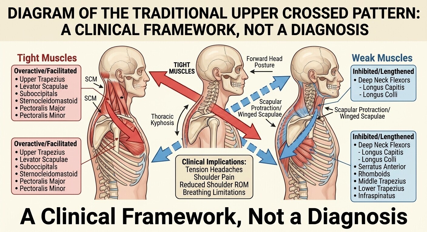 Diagram of the traditional upper crossed pattern labeled “clinical framework, not a diagnosis.”