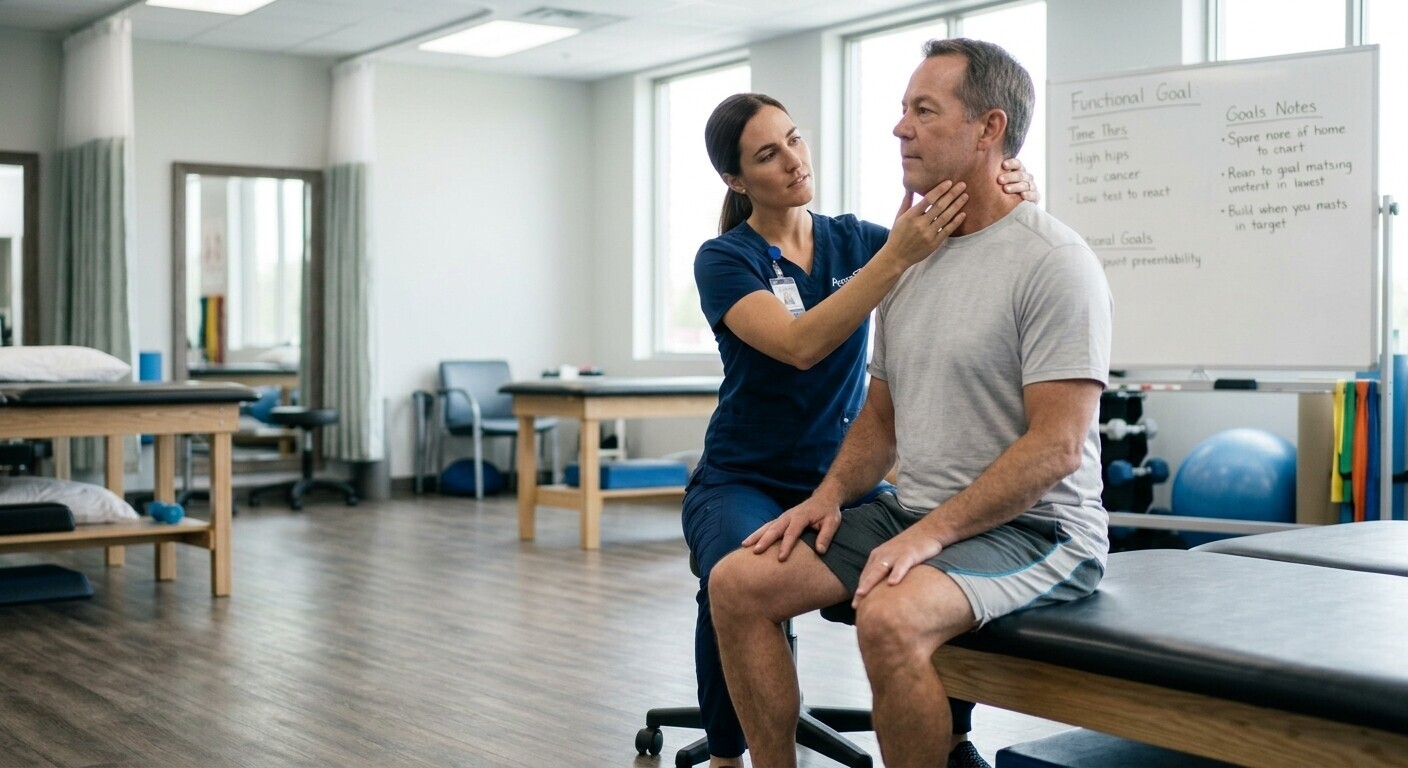 Clinician evaluating a patient’s neck range of motion.