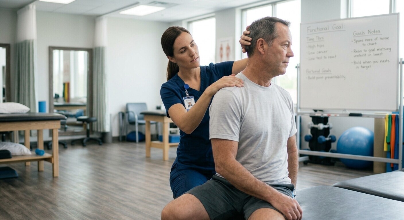 Clinician examining neck and shoulder movement.
