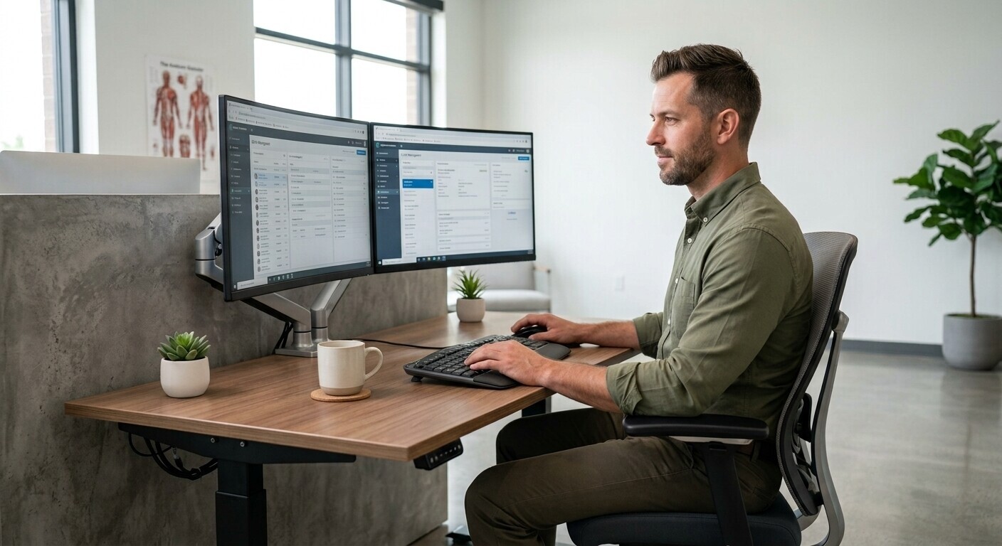 Office worker using a computer at a comfortable workstation.