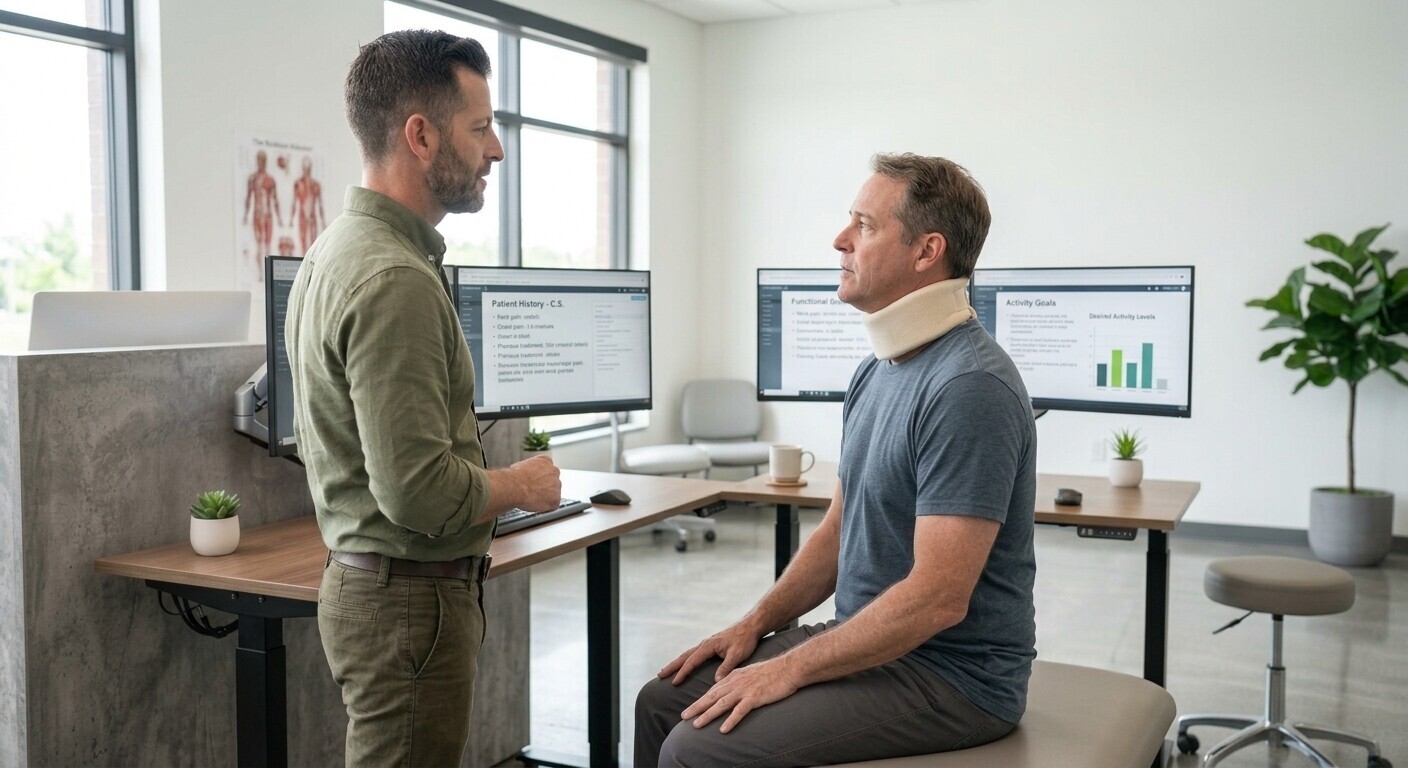Clinician reviewing neck pain history and functional goals with a patient.