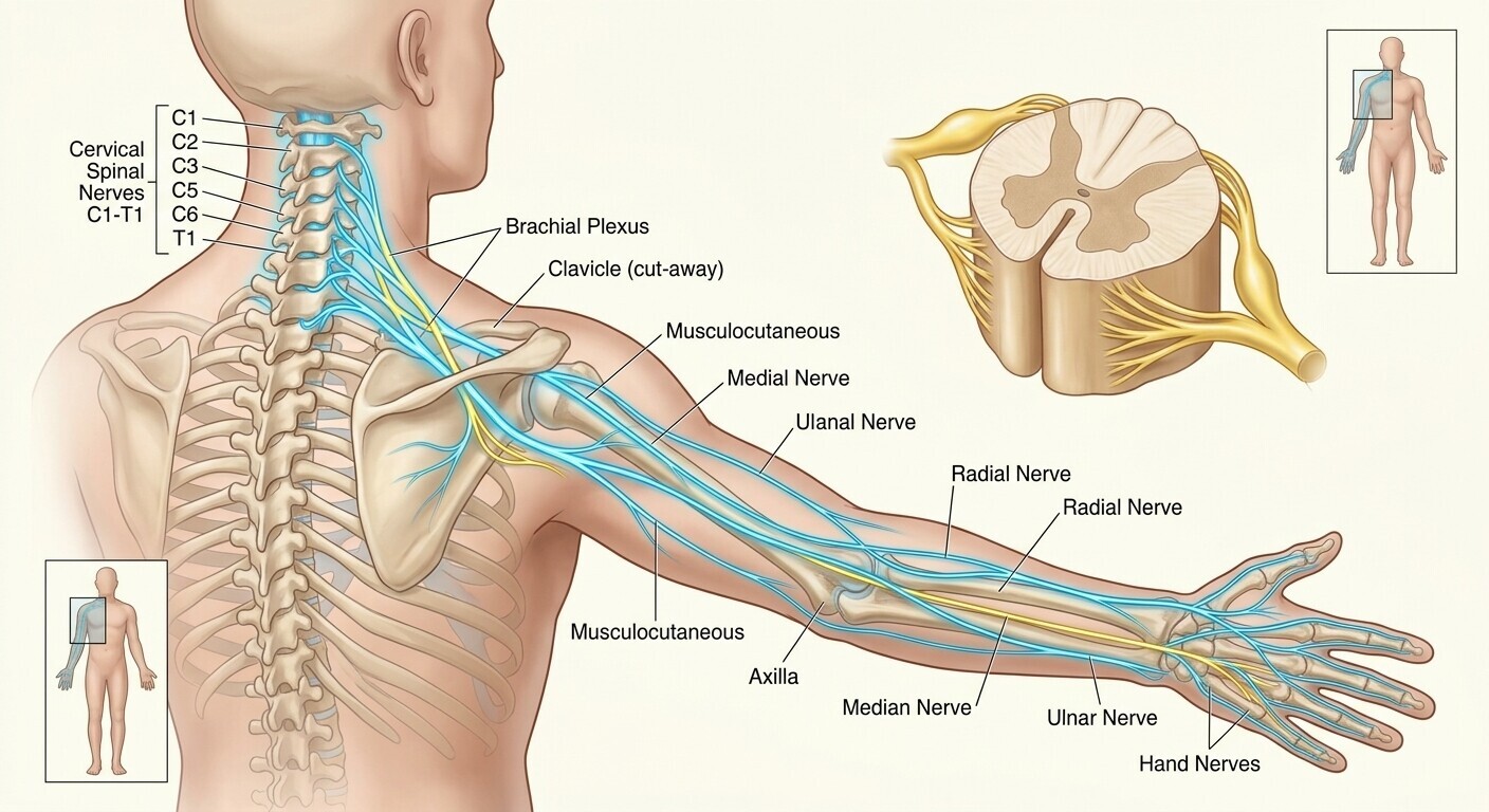 Illustration showing nerves traveling from the cervical spine into the arm and hand.