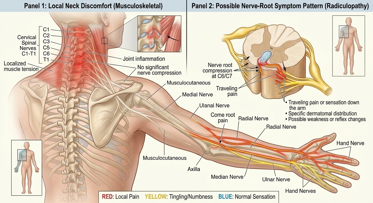 Illustration comparing localized neck pain with symptoms traveling into the arm.