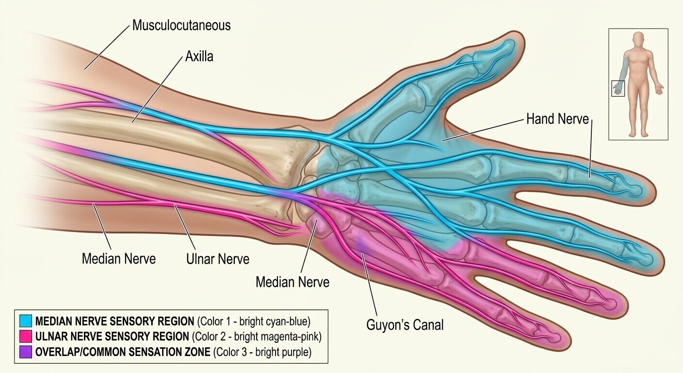 Illustration of common hand sensory regions associated with the median and ulnar nerves.