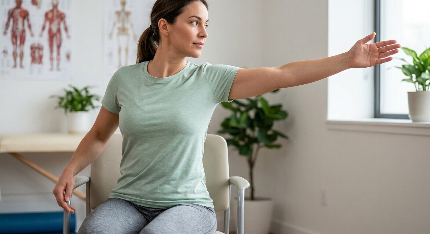 Patient demonstrating a gentle arm movement within a comfortable range.
