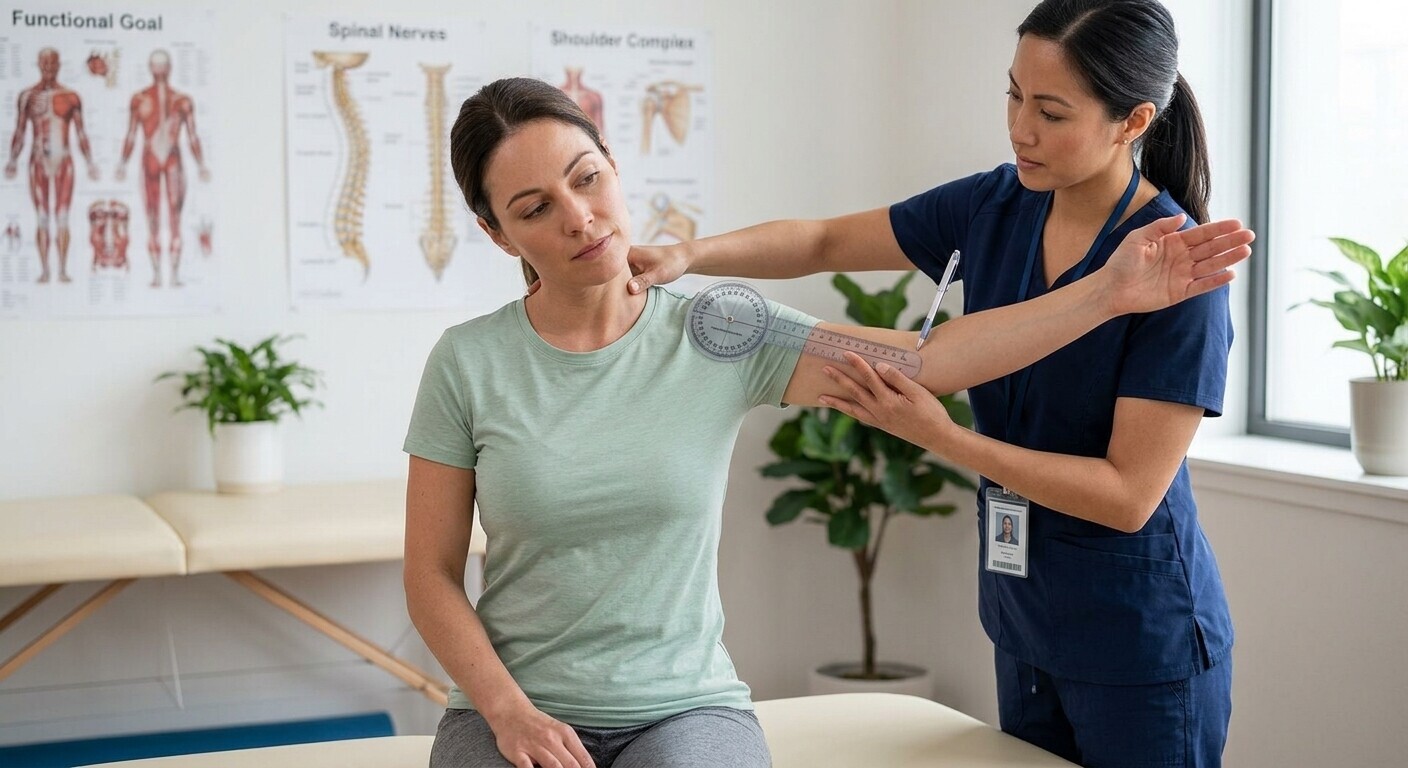 Clinician evaluating neck, shoulder and arm movement during a comprehensive assessment.