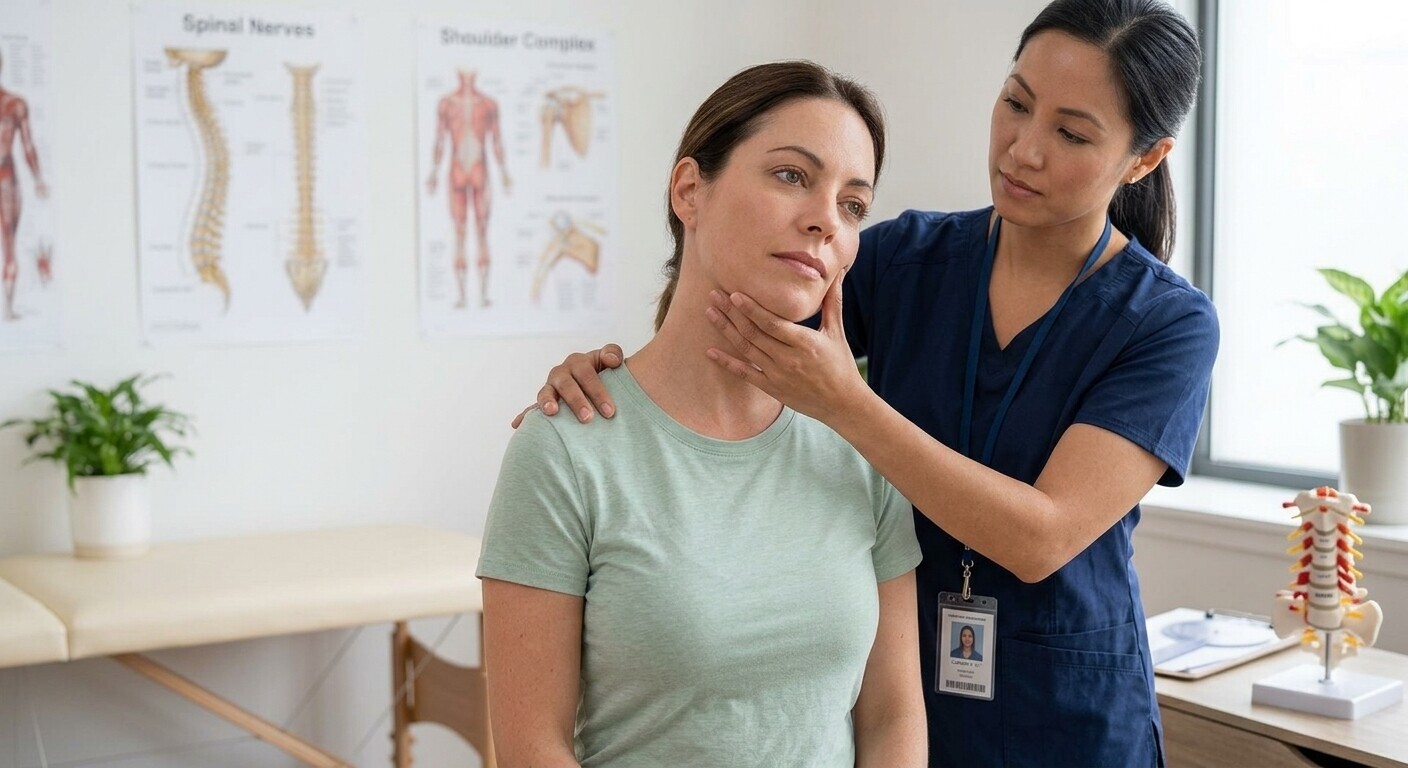 Clinician assessing neck movement in a patient who experiences headaches.