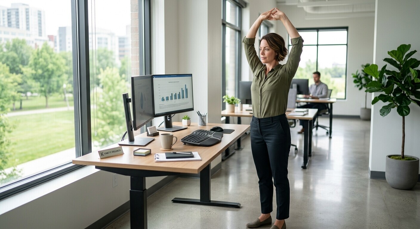 Office worker pausing computer work to change position.