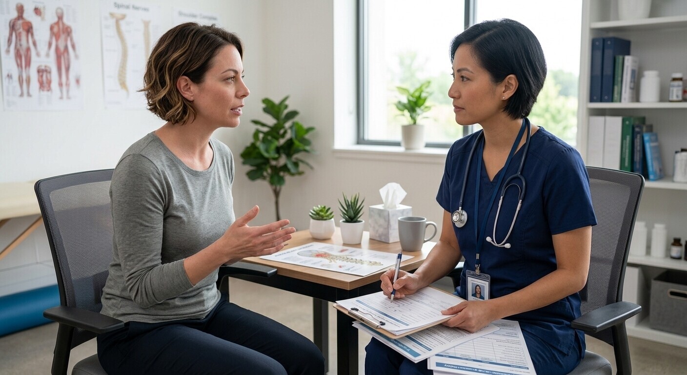 Patient discussing sleep habits and recurring headaches during an evaluation.