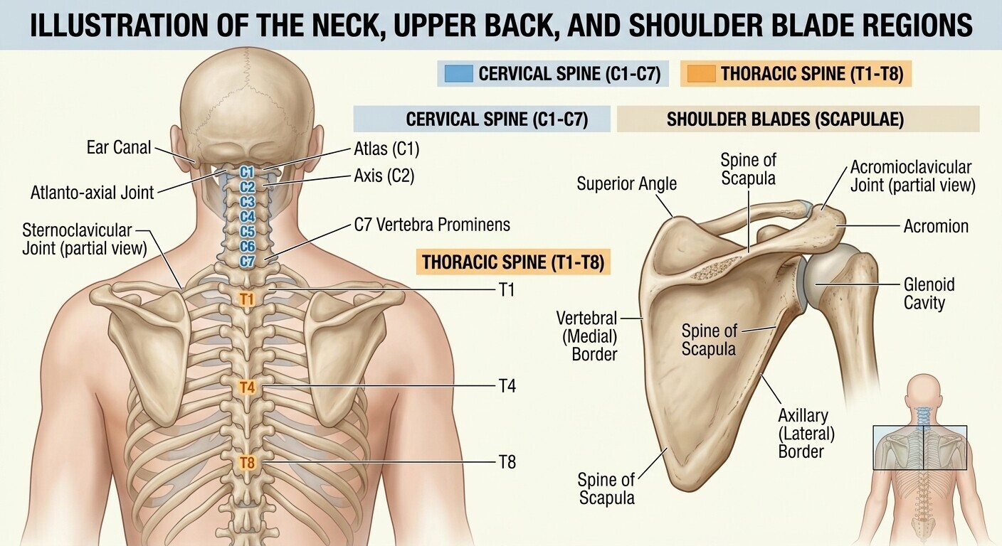 Illustration of the neck, upper back and shoulder blade regions.